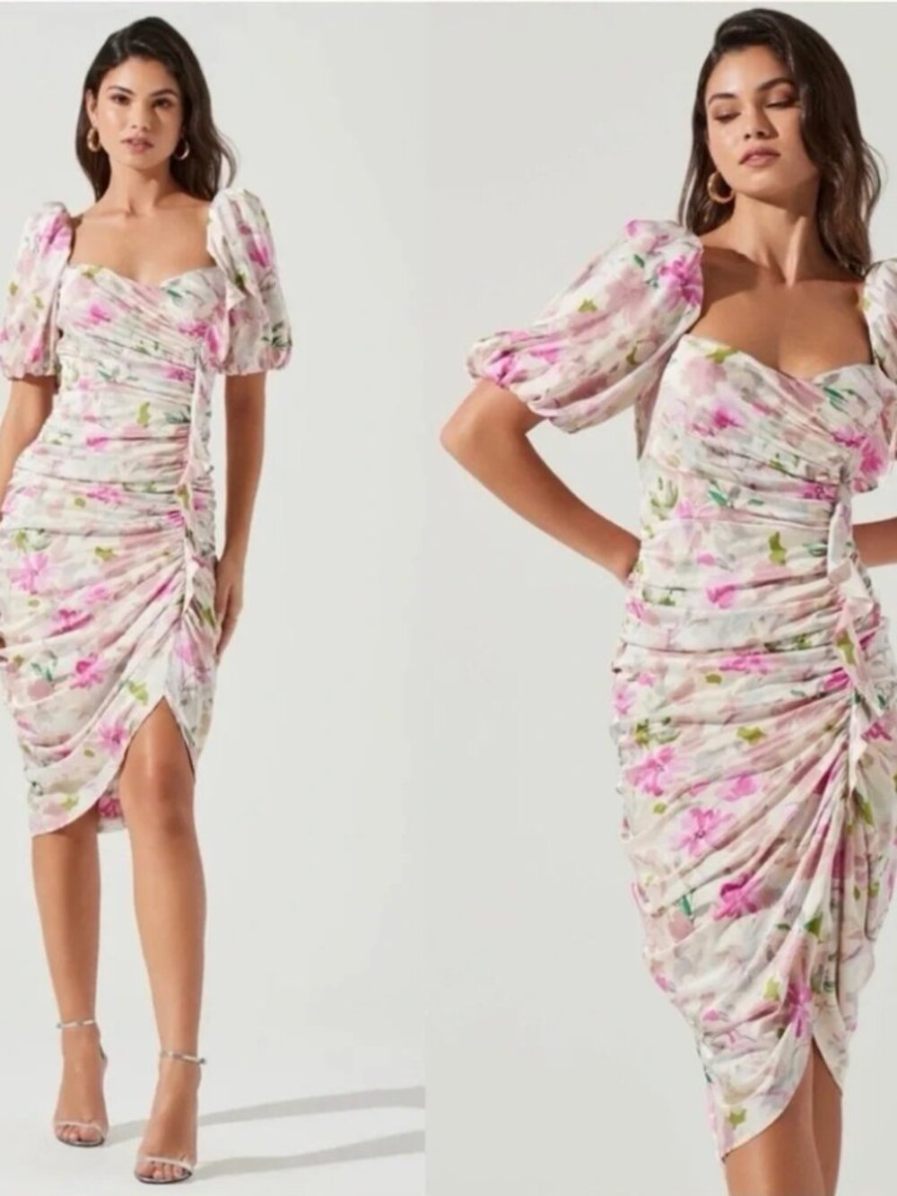 Emma Floral Ruched Bubble Sleeve Midi Dress